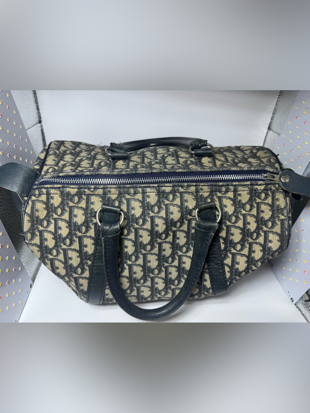 Christian Dior Oblique Boston Bag Blue Trotter Monogram Authentic Vintage Dior - Picture 8 of 16